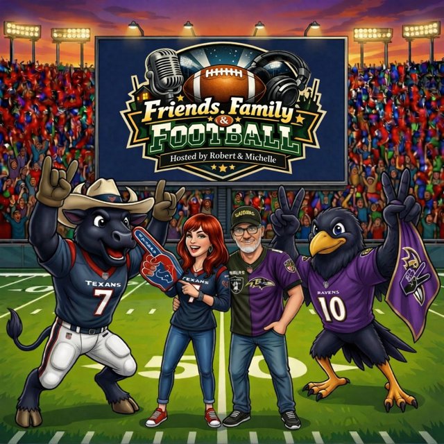 Robert and Michelle with the Texans and Ravens mascots at the stadium